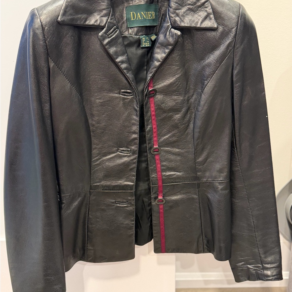Danier Black Leather Jacket with Red Accent